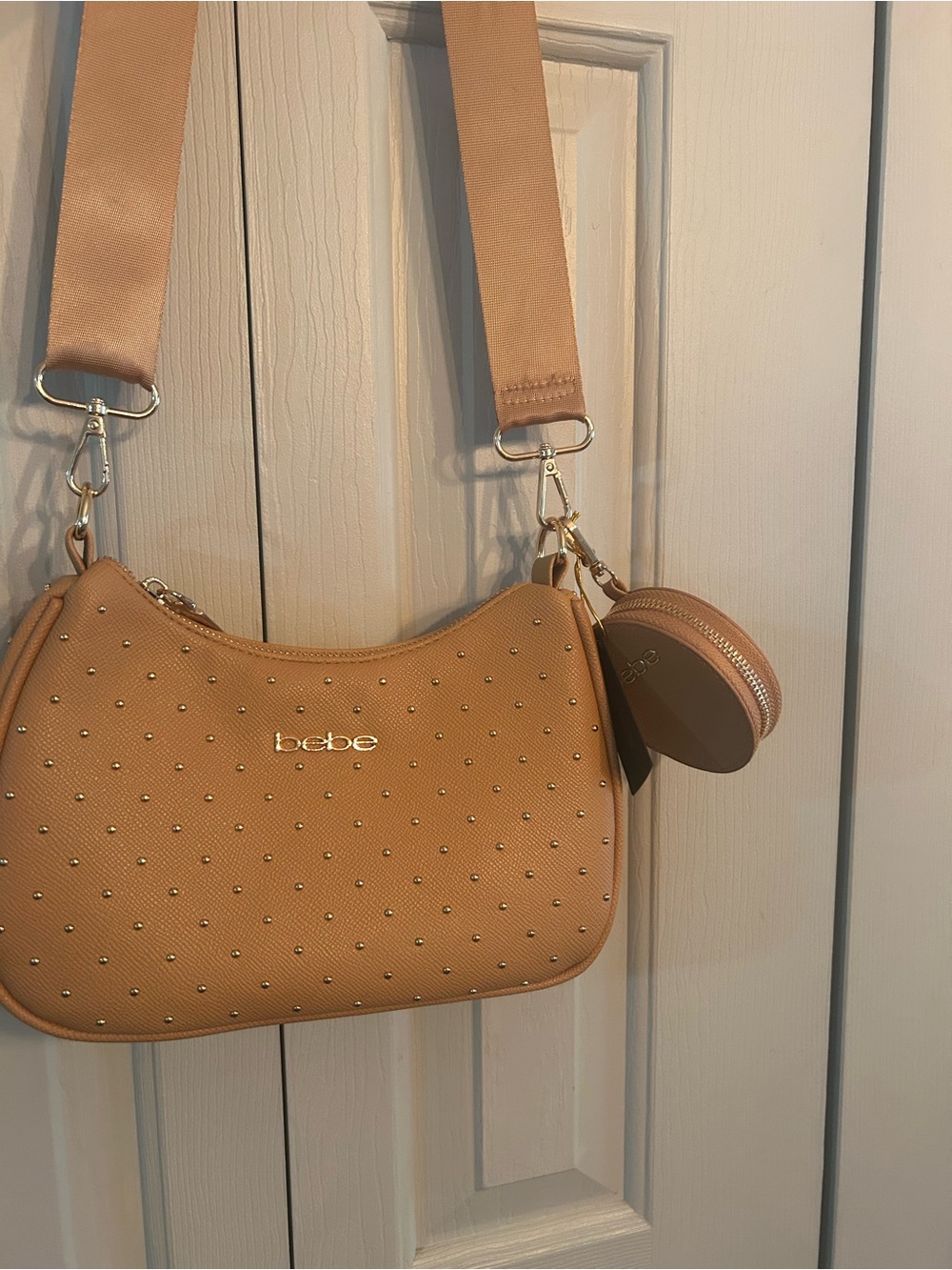 bebe Tan Studded Crossbody with Coin Pouch